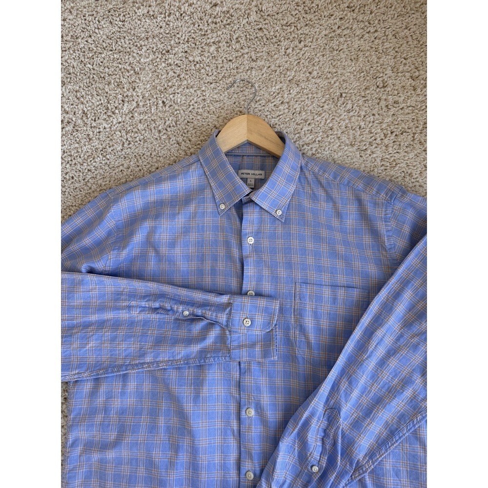 Peter Millar Button Down Shirt Mens L Blue Plaid Excellent Cotton Long Sleeve